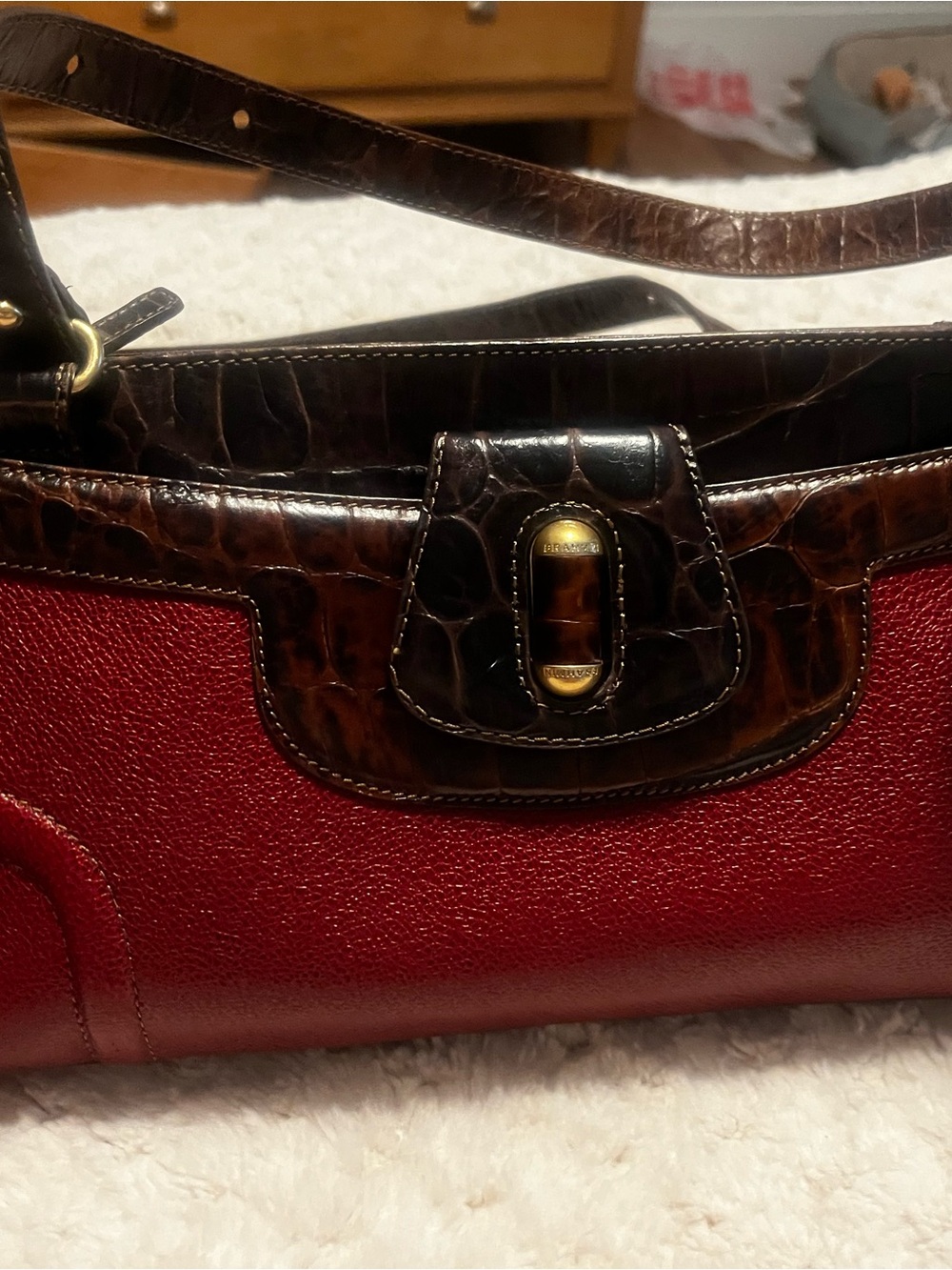 Brahmin Red Leather Shoulder Bag with Brown Croc Trim